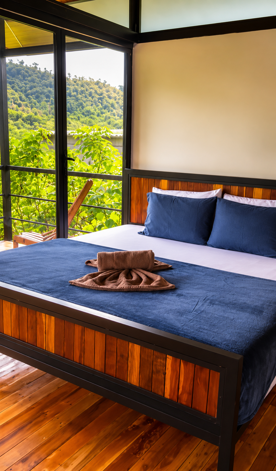 Cama de cabaña junto a un ventanal con vista a la montaña
