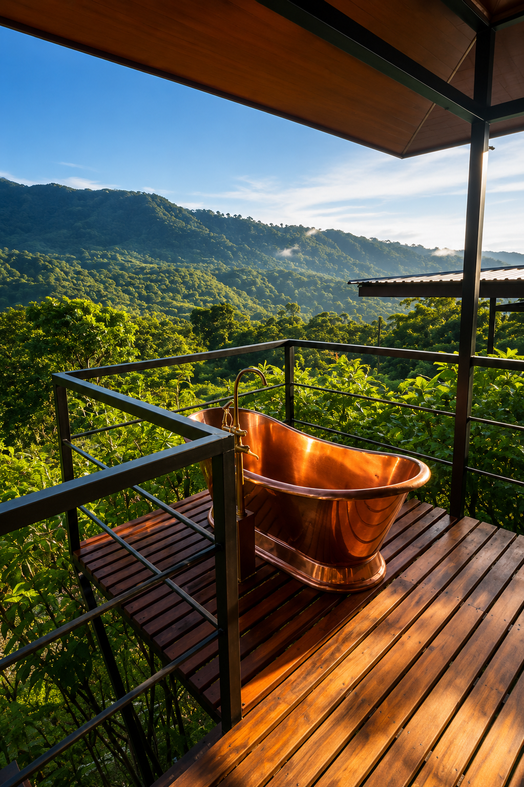 Bañera en un balcón privado con vista panorámica a la montaña