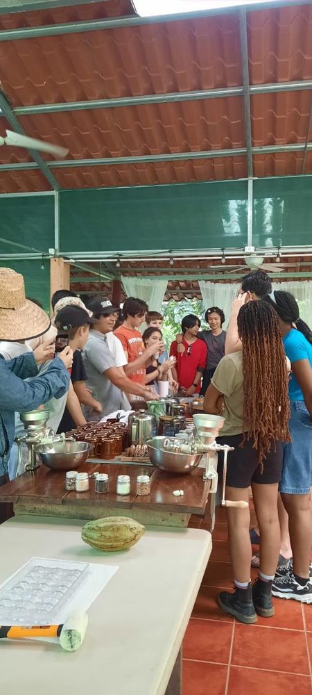 Mesa de degustación de cacao con el diagrama 'Anatomía del Cacao'