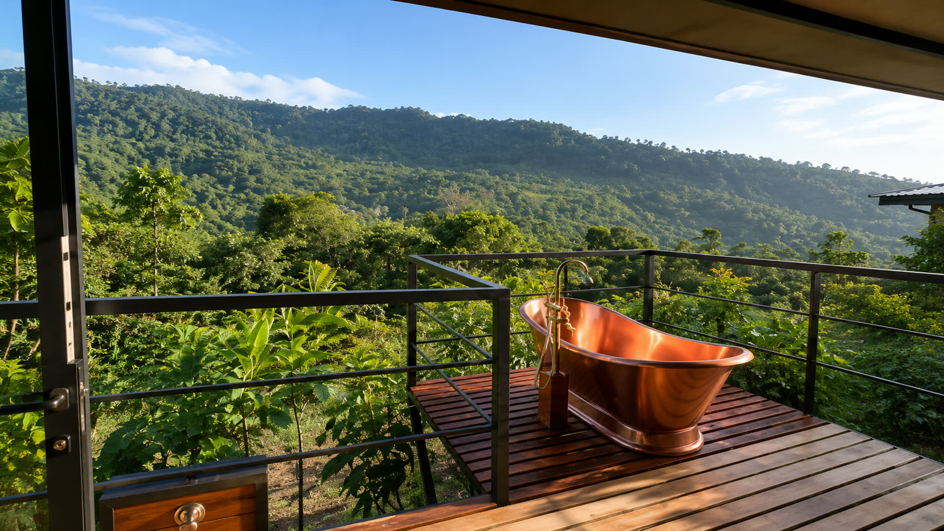 Bañera en un balcón privado con vista panorámica a la selva