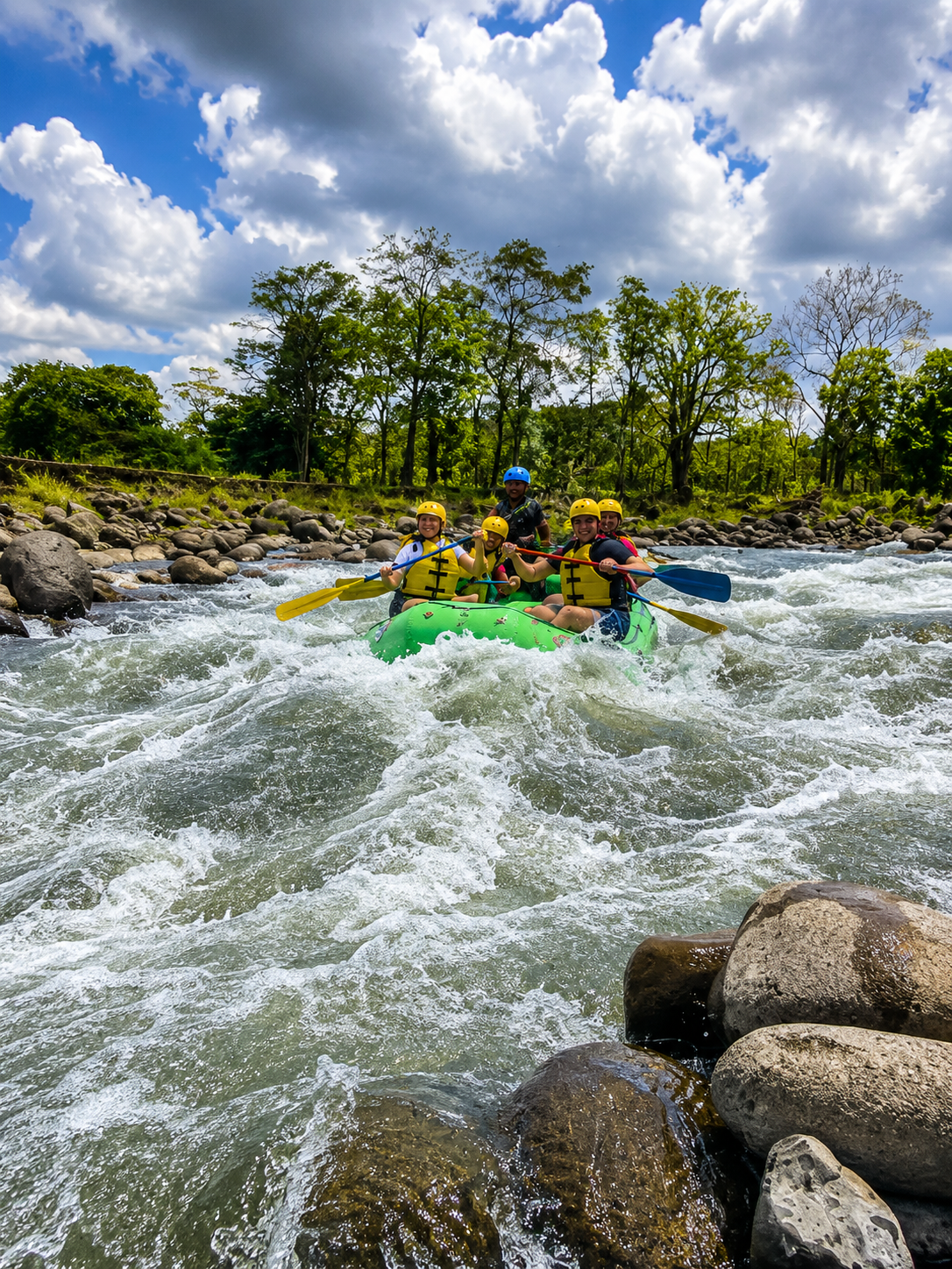 Grupo haciendo rafting en un río de aguas bravas