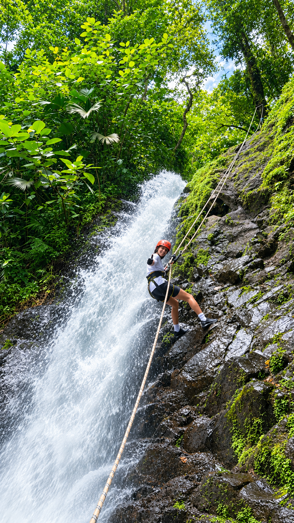 Persona haciendo rappel por una catarata en la selva