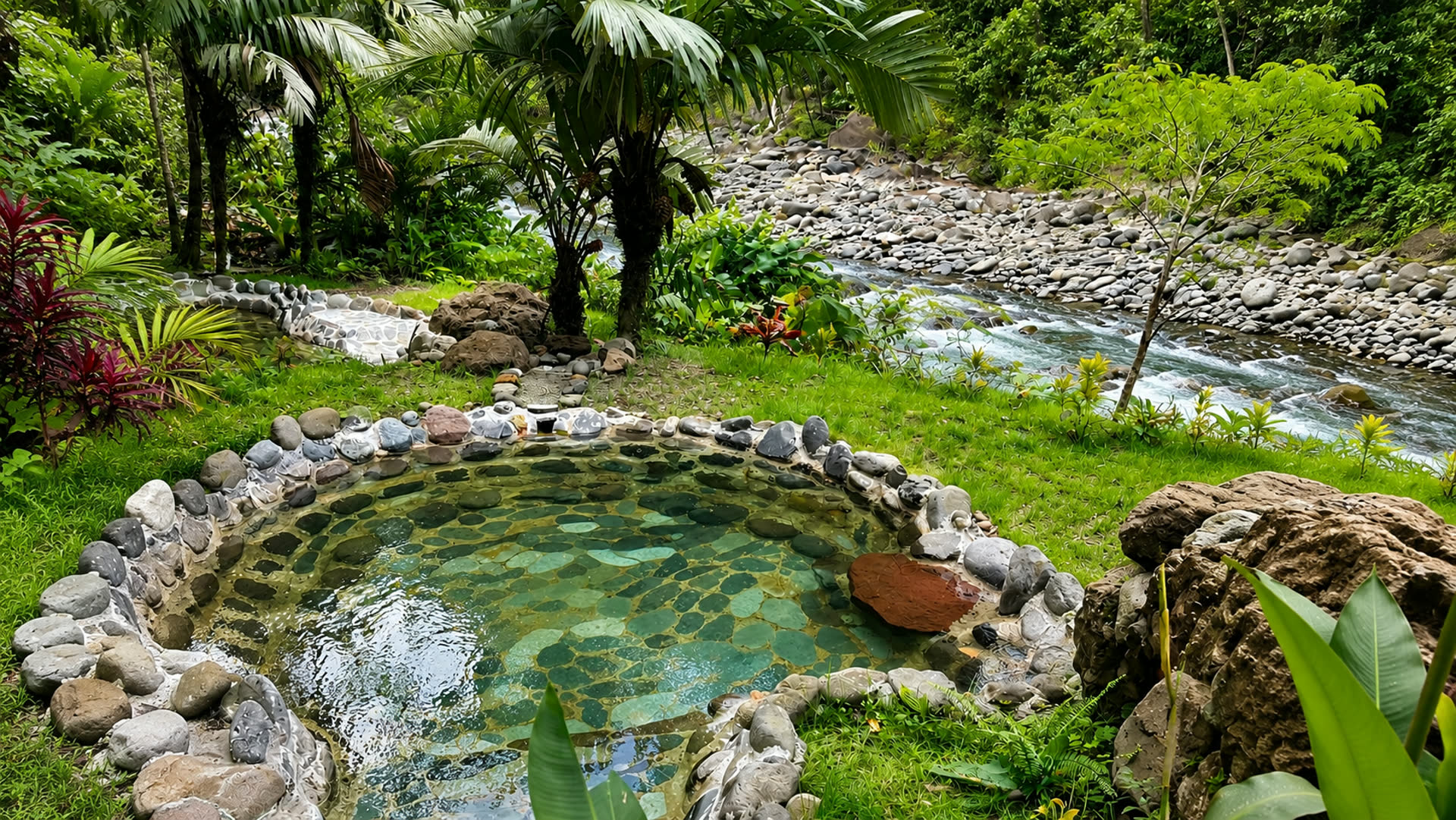 Piscina de aguas termales de piedra junto al río, rodeada de selva